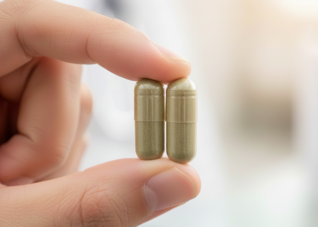 Two RA capsules held between fingers against a blurred background